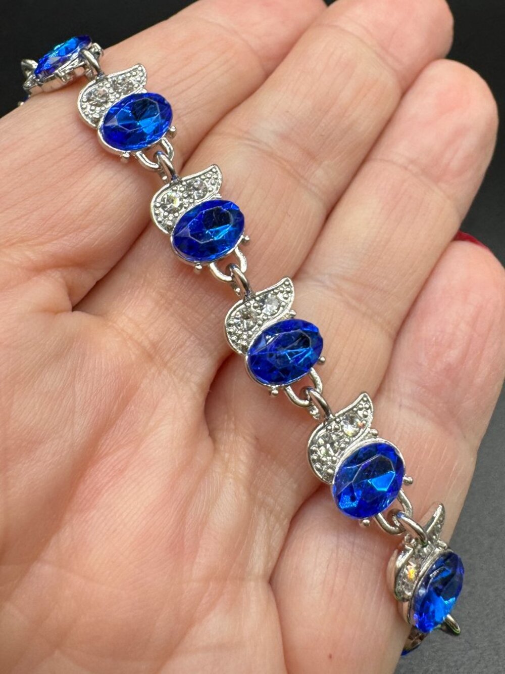 Tennis Bracelet Silver Tone Clear and Sapphire Blue Rhinestones + Extender